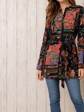Tolani Long-Sleeve Tunic Tie Front Button Up Top Black Floral Patchwork Modest M